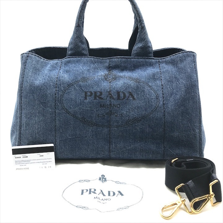 良品 PRADA プラダ カナパ 2WAY ショルダー トート ハンド バッグ デニム ブルー レディース ブランド かばん 鞄 r436