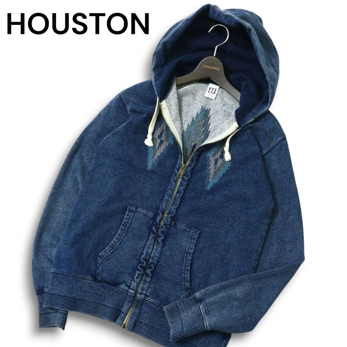 HOUSTON ヒューストン 通年 ネイティブ柄★ インディゴ スウェット ジップ パーカー フーディー Sz.M メンズ