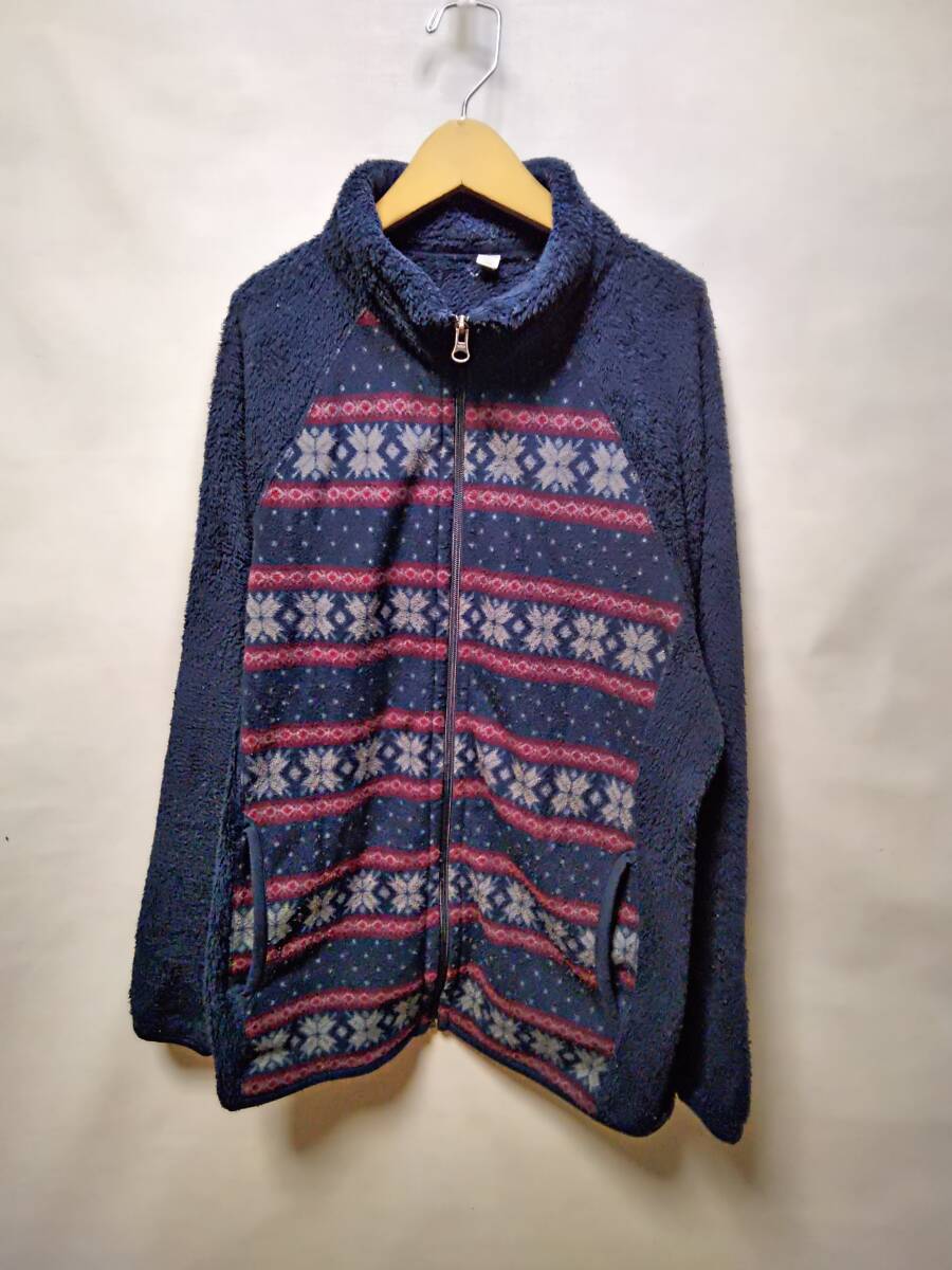 全国送料無料 ユニクロ UNIQLO メンズ 雪柄 ラグラン袖 ジップアップネイビー色フリースジャケット L