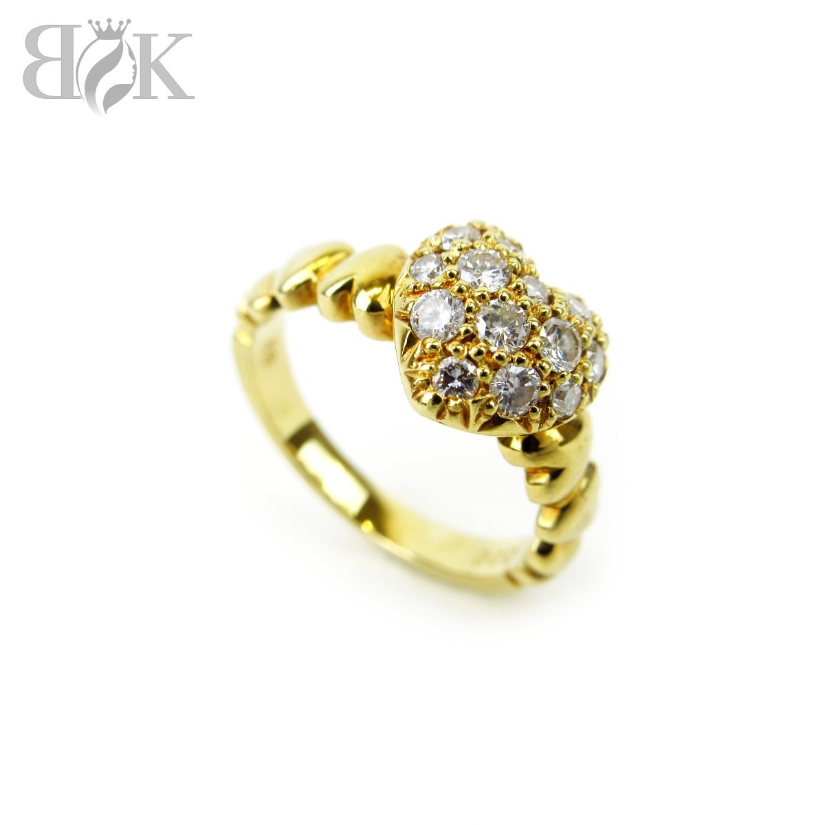 美品 K18 デザインリング ハートモチーフ イエローゴールド ダイヤ 0.30ct 約5号 総重量約3.2g 超音波洗浄済み ◇