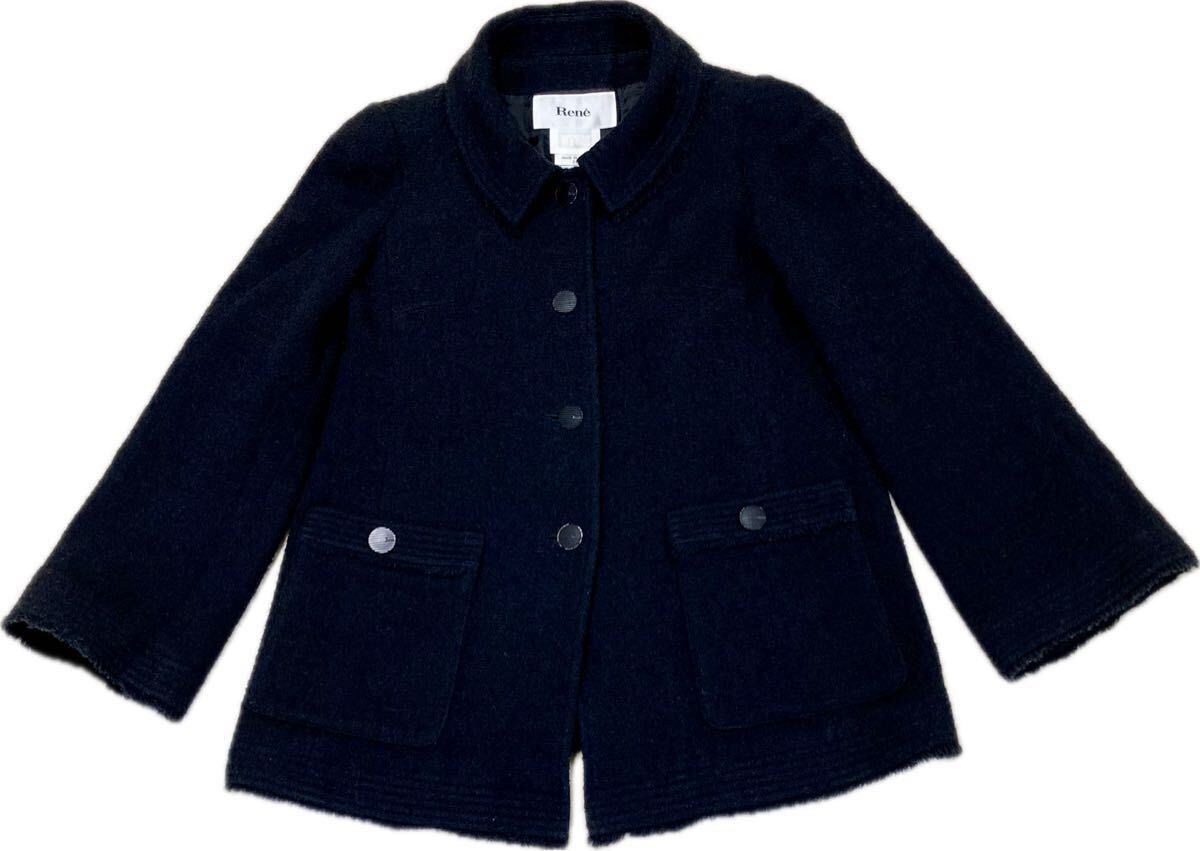 美品★ルネReneウールナイロンソフトツイードAラインジャケット★黒