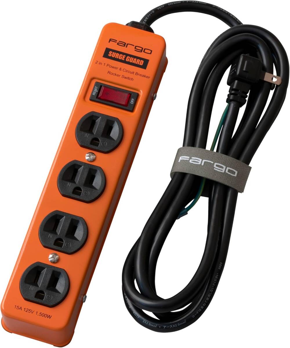 【新品】 Fargo STEEL TAP 電源タップ スチール製 3ピン対応 アース線付き コード 壁掛け 固定 (オレンジ, 4個口4m) 色:オレンジ