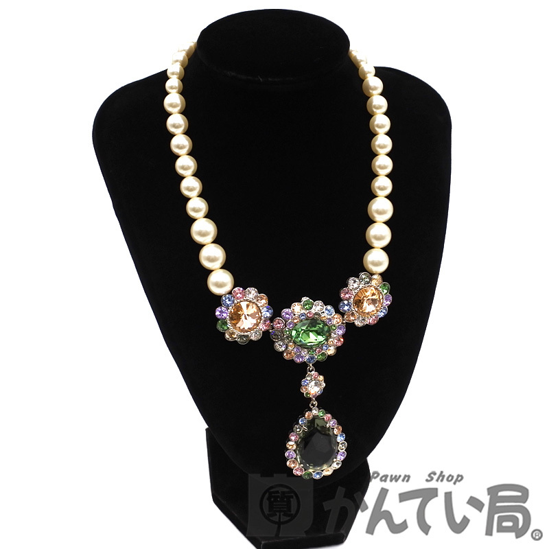 23112 MIU MIU【ミュウミュウ】ネックレス パール クリスタル ラインストーン マルチカラー アクセサリー レディース【中古】USED-A