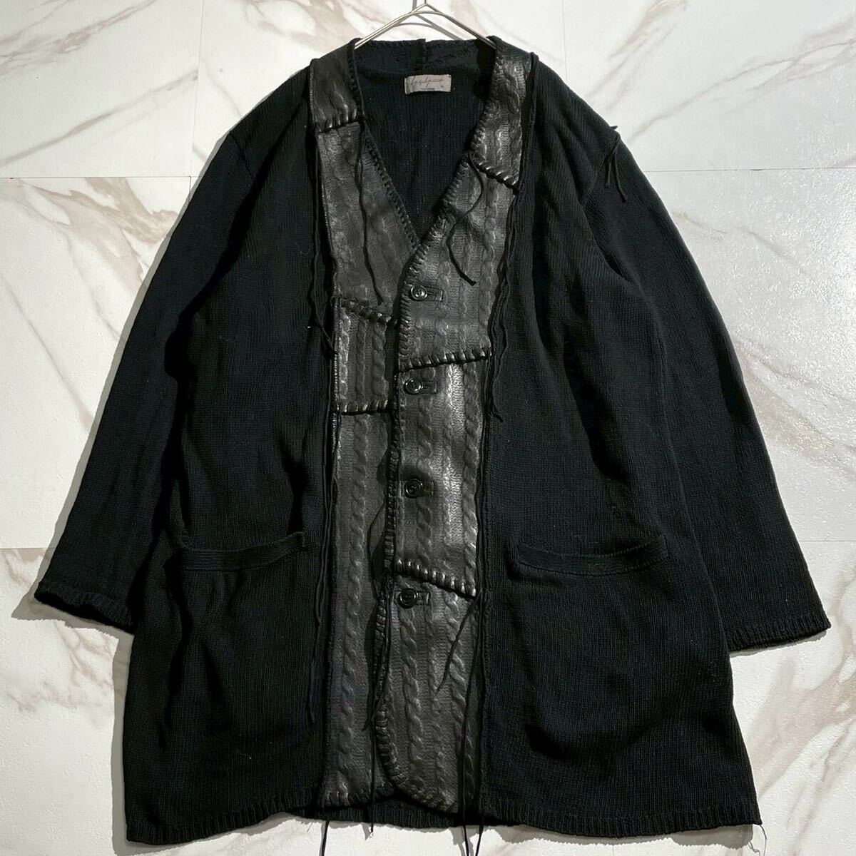 名作 19SS◆Yohji Yamamoto POUR HOMME ボンディングレザーハギカーディガン ニットジャケット コート ブラック ヨウジヤマモトプールオム