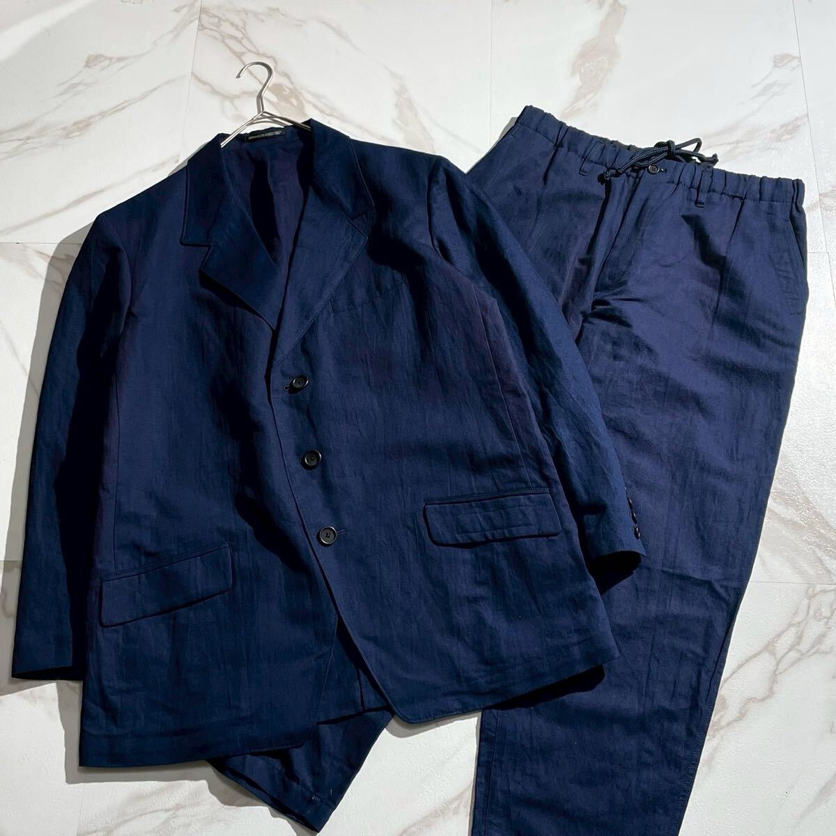 美品 25SS◆Yohji Yamamoto POUR HOMME セットアップ スーツ テーラードジャケット パンツ ブルー コットン L位 ヨウジヤマモトプールオム