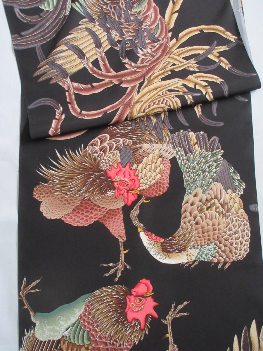 秀匠 ☆　岡重謹製　羽裏地　羽織・道中着・長コート用　群鶏柄　黒　38709