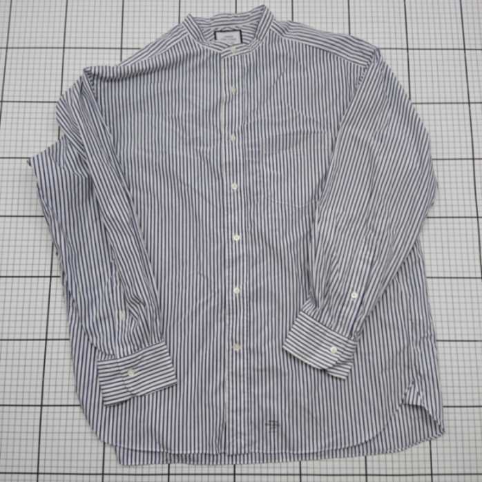 ⊂ ?J.PRESS YORK STREET バンドカラーシャツ ネイビー系ストライプ M レディース E