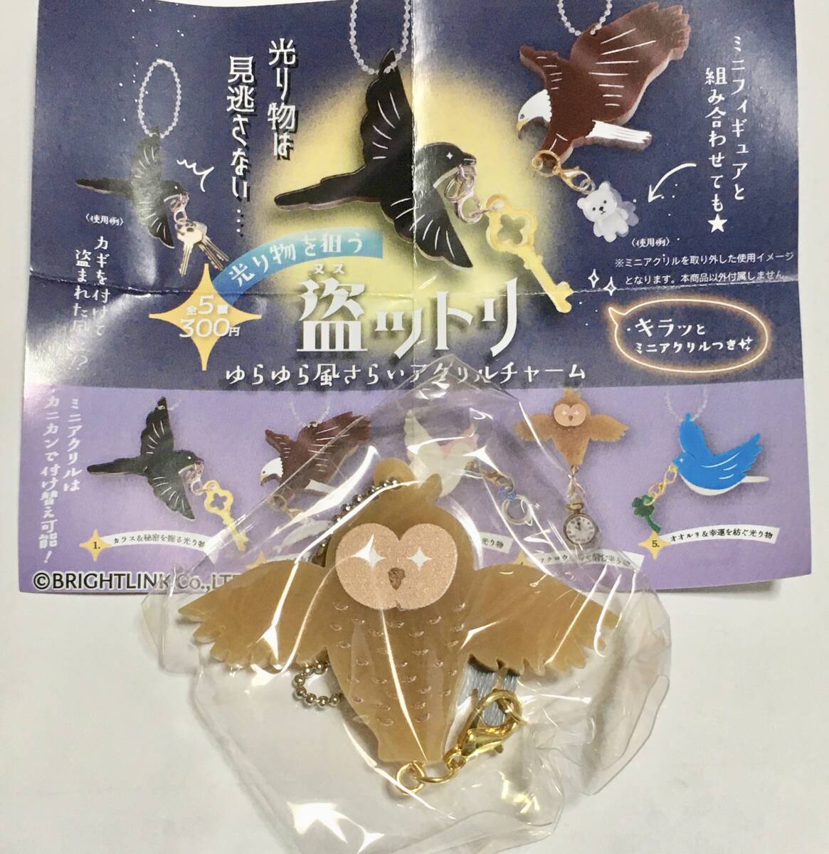送料無料 未開封 光り物を狙う 盗ットリ ゆらゆら風さらいアクリルチャーム (フクロウ & 時を刻む光り物）〜ガチャガチャ 景品