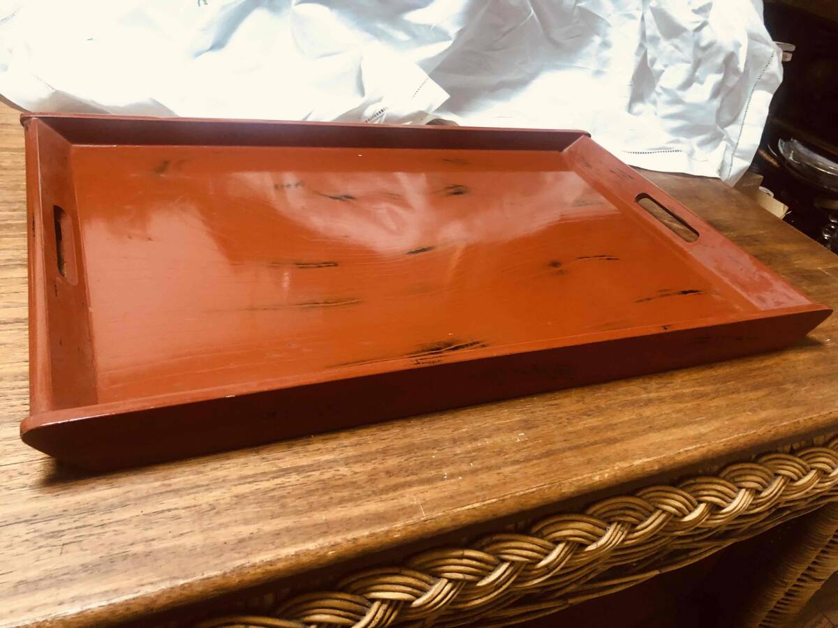 【特大】朱塗り 漆器 角盆/トレイ 幅57cm 運び盆 旅館/料亭/和風インテリア　業務用？ 大型 漆塗り盆 朱色 運び盆 中古