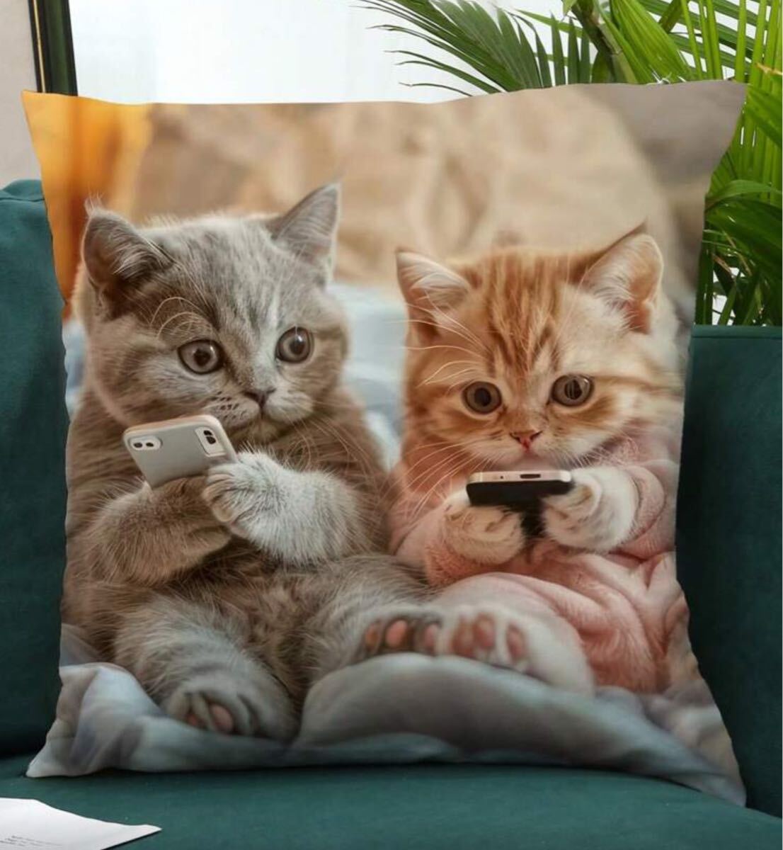 ■新品■クッションカバー■【45㎝×45㎝】2D【ねこ　スマホ　2】猫　猫　正方形　リアル　かわいい