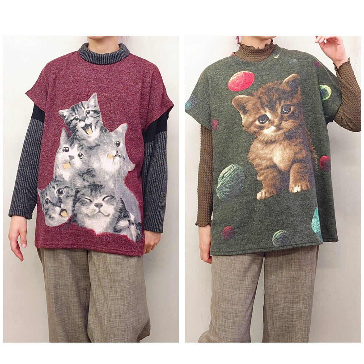 ★値下げ！ねこのポンチョ 赤（エンジ）ねこたくさん