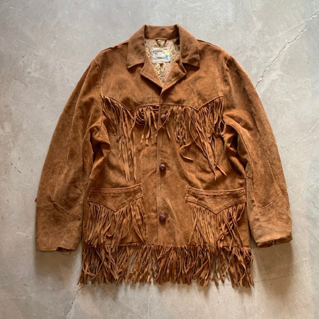 【L】70s USA製 Pioneer Wear フリンジ スエードレザージャケット ブラウン 茶■ビンテージ レトロ アメリカ古着 革ジャン ウエスタン