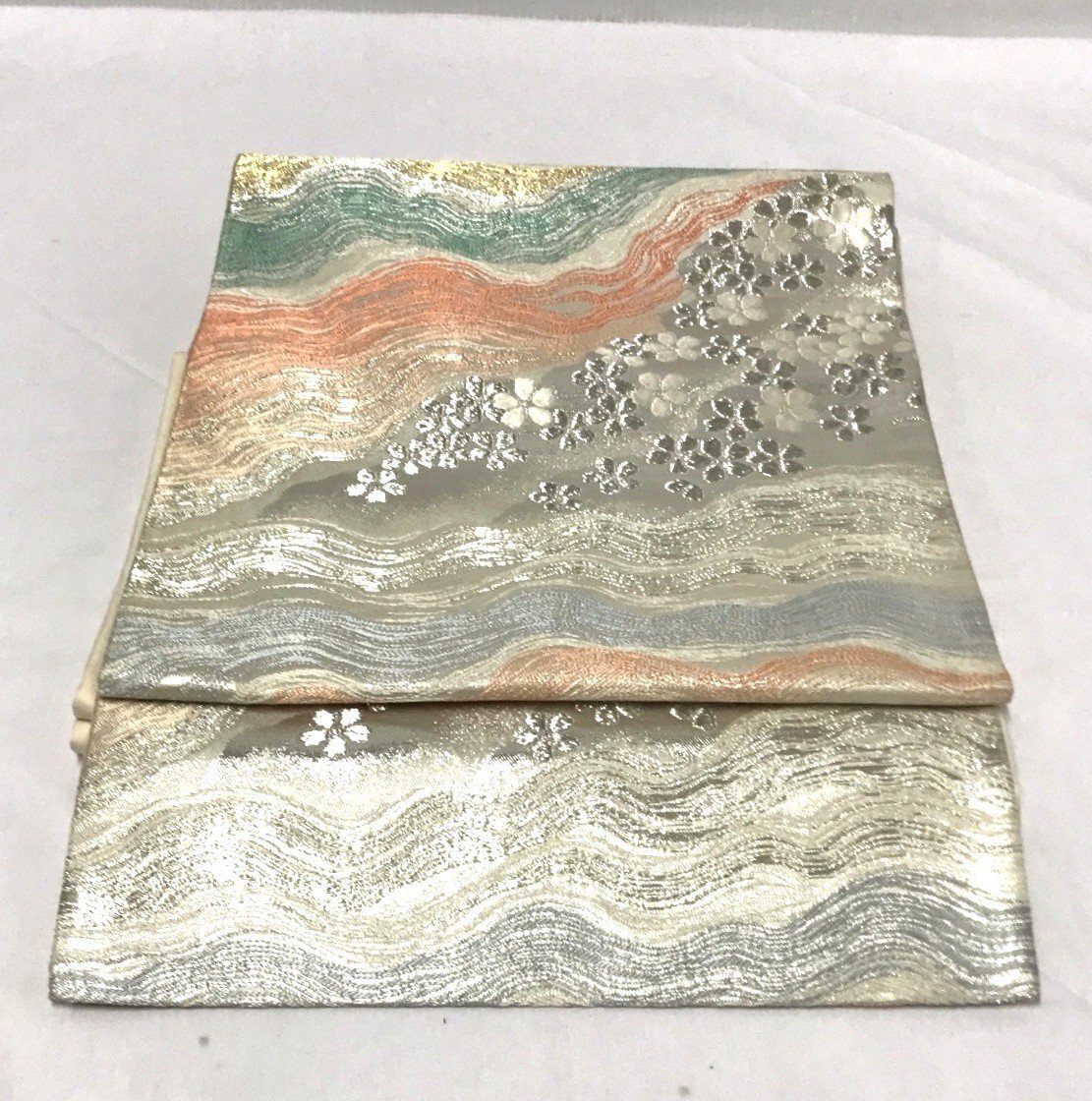 袋帯 帯揚げ 帯締め 3点セット 金糸 銀糸 流水 桜 花模様 オレンジ 緑 美しい 刺繍 タペストリー 着物 和装【道楽札幌】