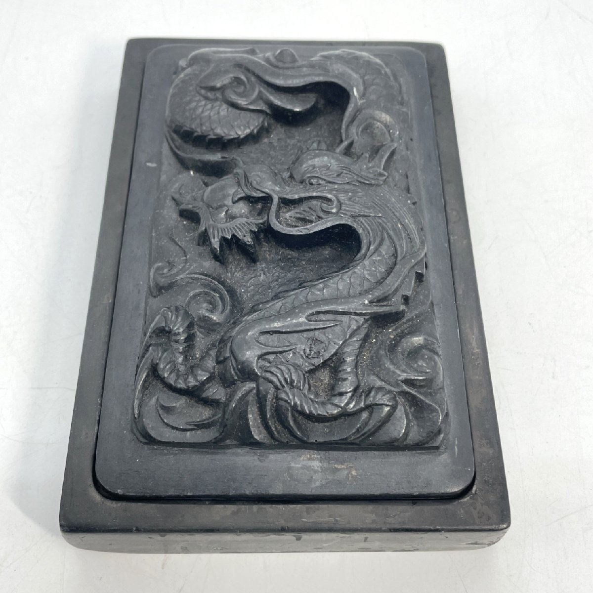 硯 すずり 龍 彫刻あり フタつき 中国美術 御硯 書道具 中古品【道楽札幌】