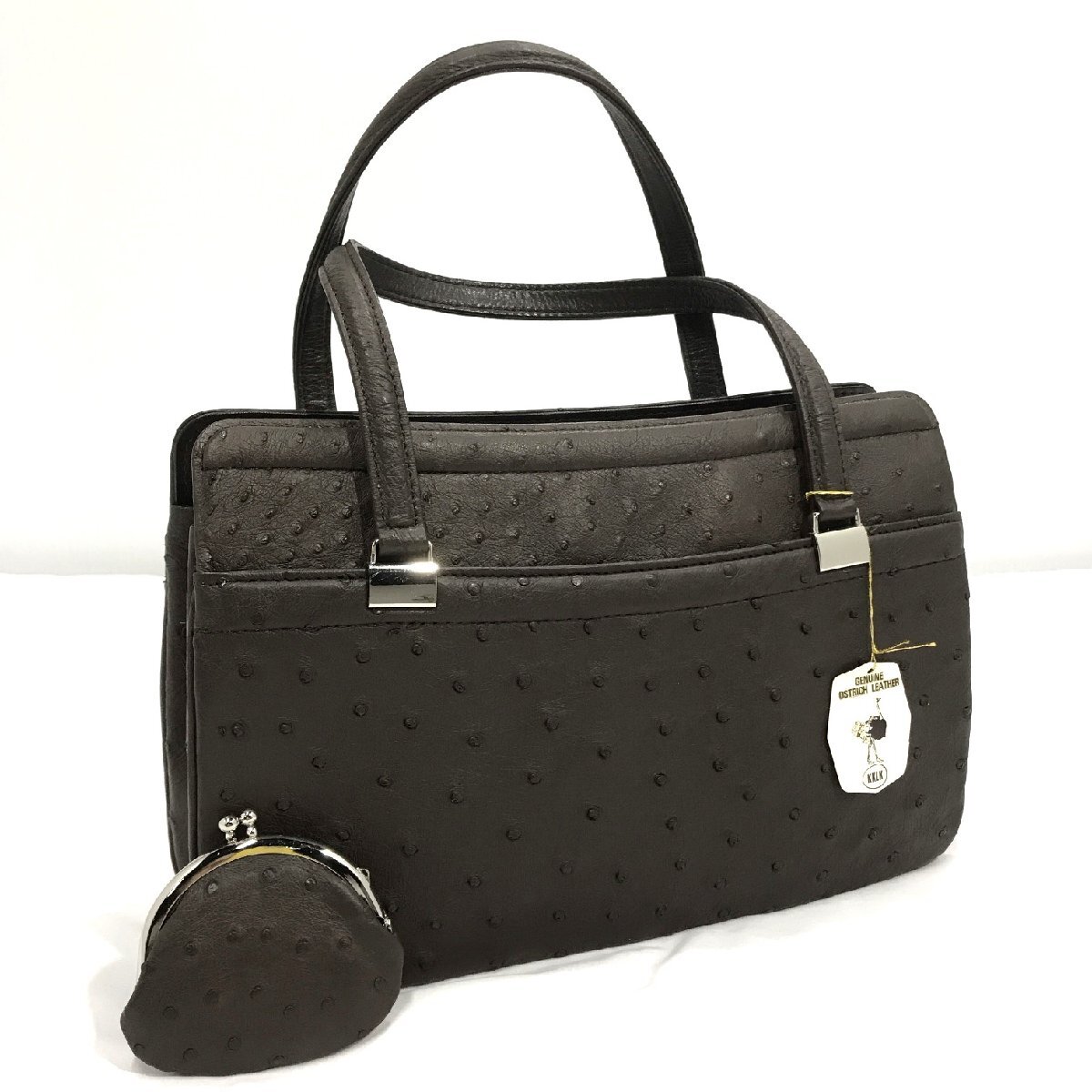 ハンドバッグ オーストリッチ レザー ダークブラウン KKLK産 約幅29×高19㎝ ポケット 小銭入れ付き タグ付き 長期保管品【道楽札幌】