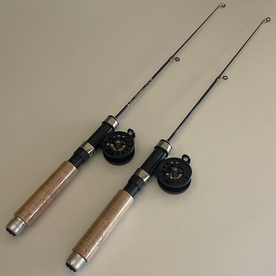 2本セット コンパクトロッド 65cm リール付き 木目調グリップ 短竿 穴釣り ワカサギ 管理釣り場 氷上釣り 堤防 軽量ミニリールセット
