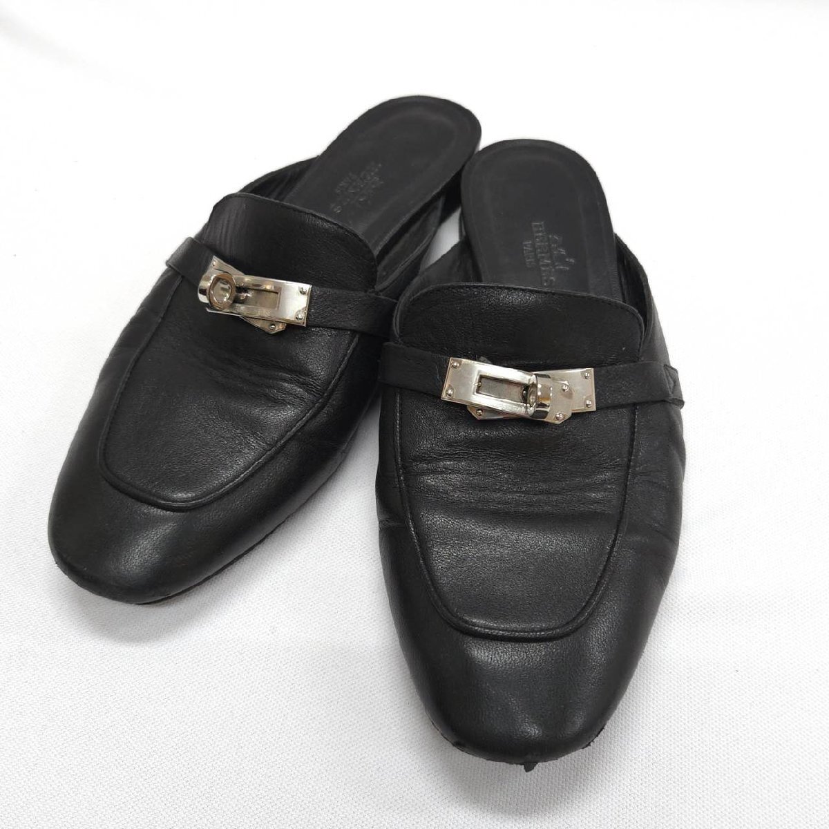 HERMES エルメス オズ ケリーバックル フラットシューズ ミュール サイズ36 ブラック レディース スリッパ 靴 レザー 革