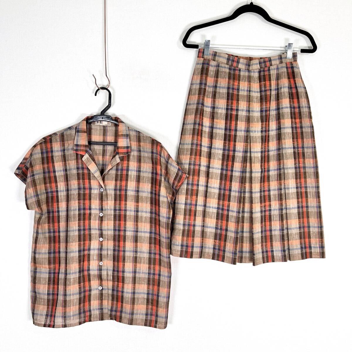 【DAKS】ダックス ブラウン系 チェック柄 リネン混 半袖 ブラウス×ロングスカート セットアップ レディース 11号 66-92【c033】