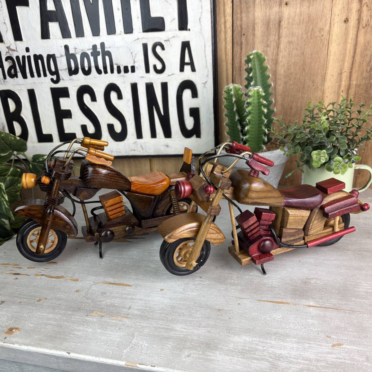 インテリア雑貨木製レトロバイク2点セット置物ディスプレイミニチュア雑貨フィギュアコレクションおもちゃ