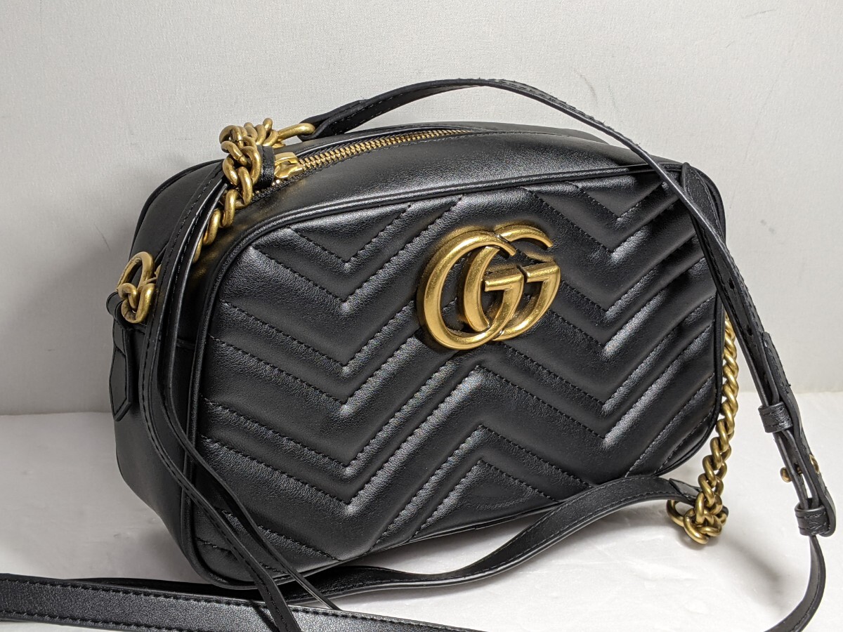 極美品 GUCCI グッチ ショルダーバッグ GGマーモント キルティング 447632 ブラック レディース 斜め掛け チェーンショルダー ゴールド金具
