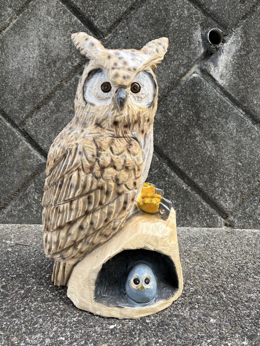 フクロウ ミミズク チェンソーアート高さ58センチ横35センチ 置物 イチョウ 木彫り 彫刻鳥 木製 アンティーク オブジェ 梟 ふくろう