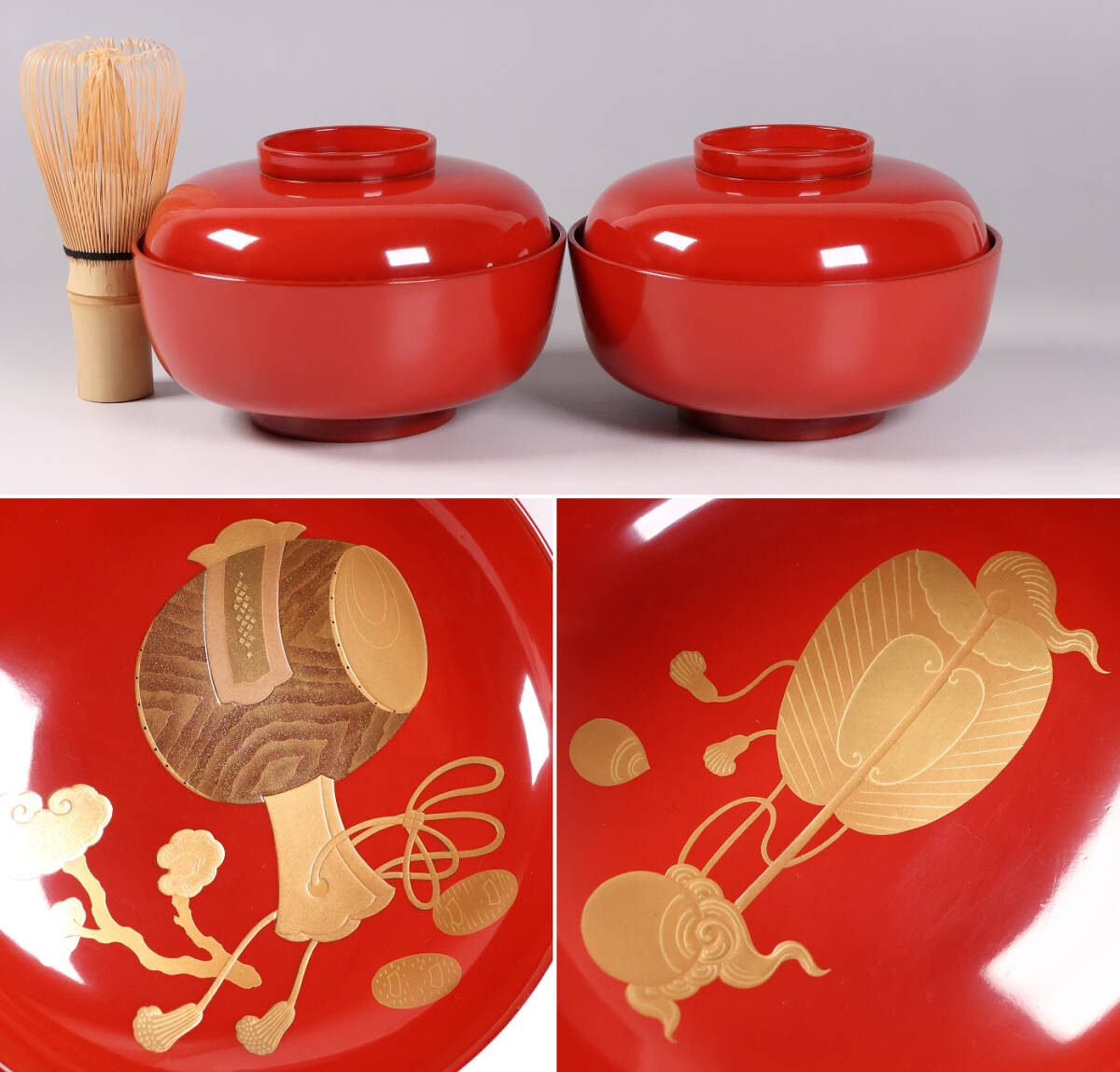 【CM360】輪島塗 宝尽くし金蒔絵 朱塗椀 二客 小槌 宝珠 軍配 霊芝 木製漆器 /(検) 輪島塗 加賀 能登 石川 伝統工芸品 漆芸 茶懐石 宴席