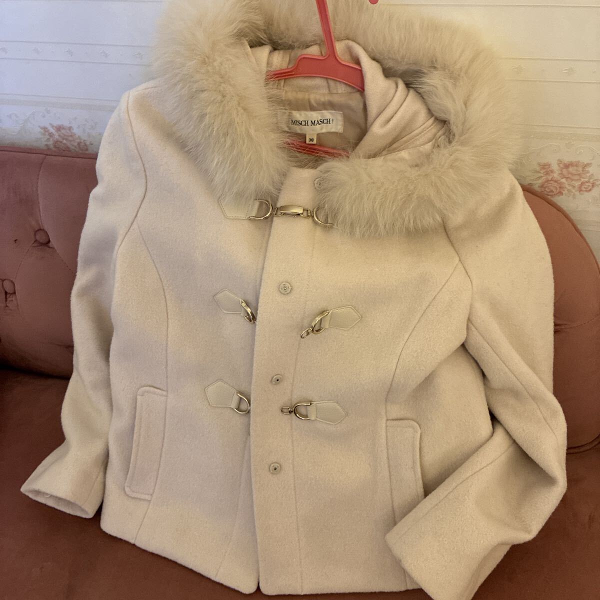 【美品】misch masch ショートファー付き コート ダッフル ベージュ　マッシュマッシュ　38サイズ　M L