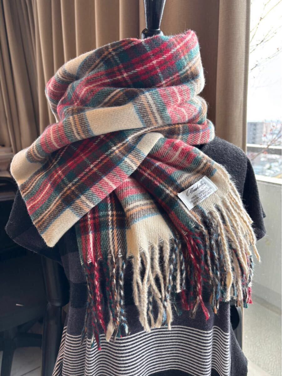 ◆カシミア100％英国”ストール”新作’25 Madorasuアイボリー赤緑〇*:..azu00men