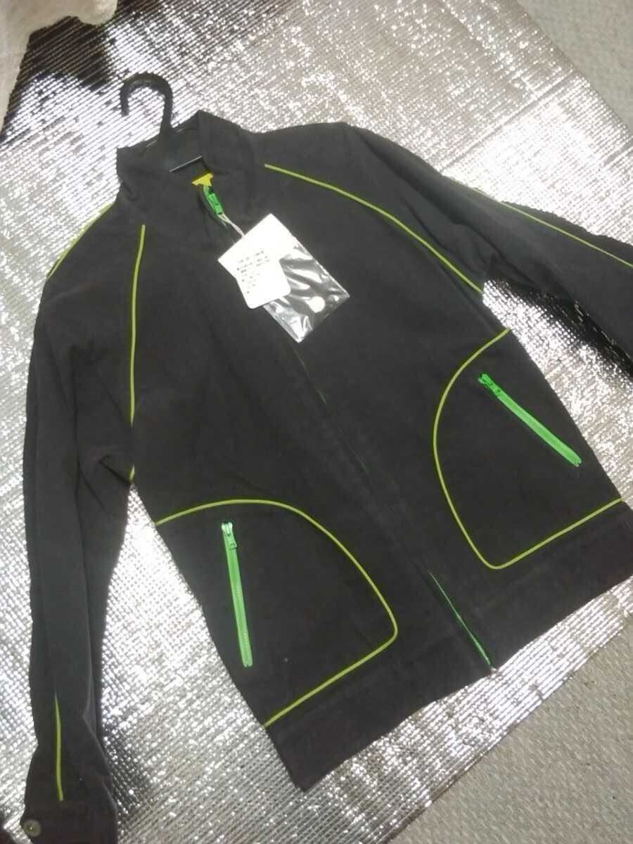 新品タグつき！グレー地ライムグリーン黄色ラインジャンパー比翼襟９号11号細身え作業着風ボーイッシュ８割引定価19800円