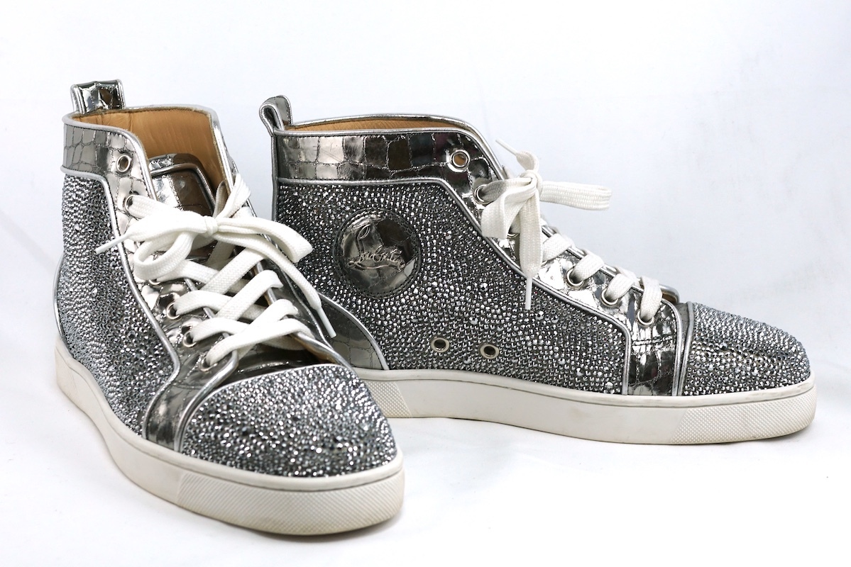 Christian Louboutin クリスチャンルブタン Louis ハイカット スニーカー クロコ型押し レザー スワロフスキー シルバー 39.5(約24.5cm)