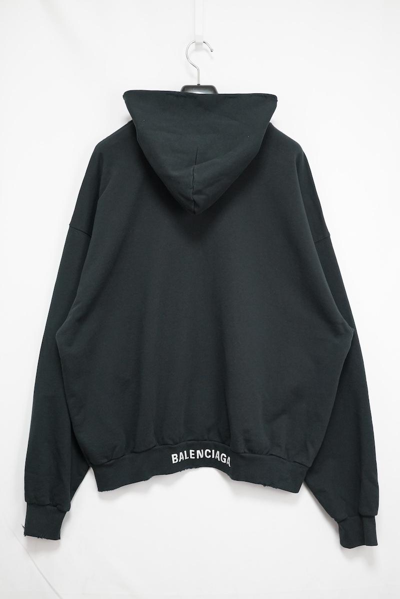BALENCIAGA バレンシアガ ダメージ加工 バックロゴ刺繍 プルオーバー フーディ パーカー ブラック XSサイズ 742603 T0VF3 9034