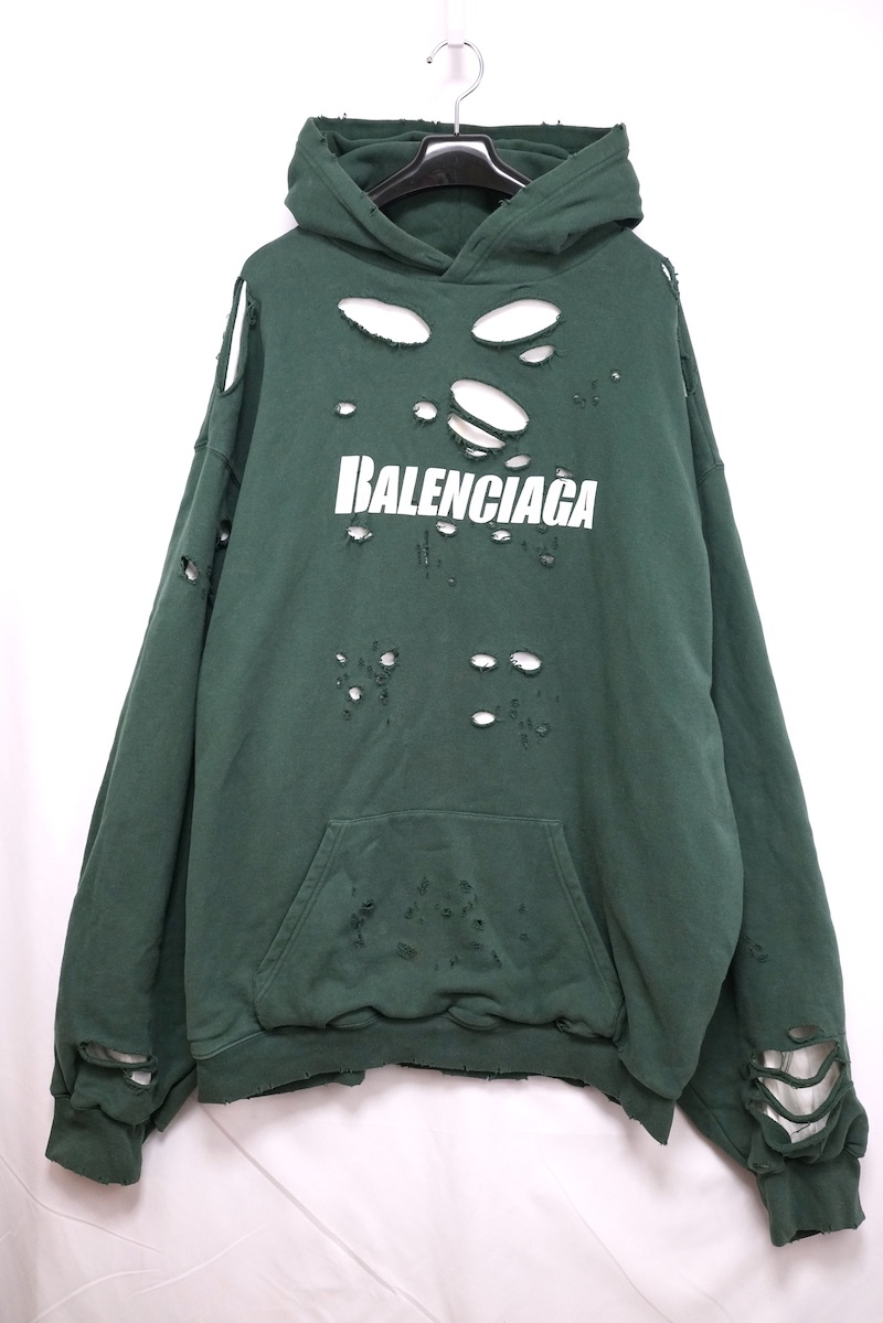 2021 BALENCIAGA バレンシアガ CAPS Destroyed デストロイ加工 オーバーサイズ ロゴ フーディ パーカー Green White グリーン ホワイト L