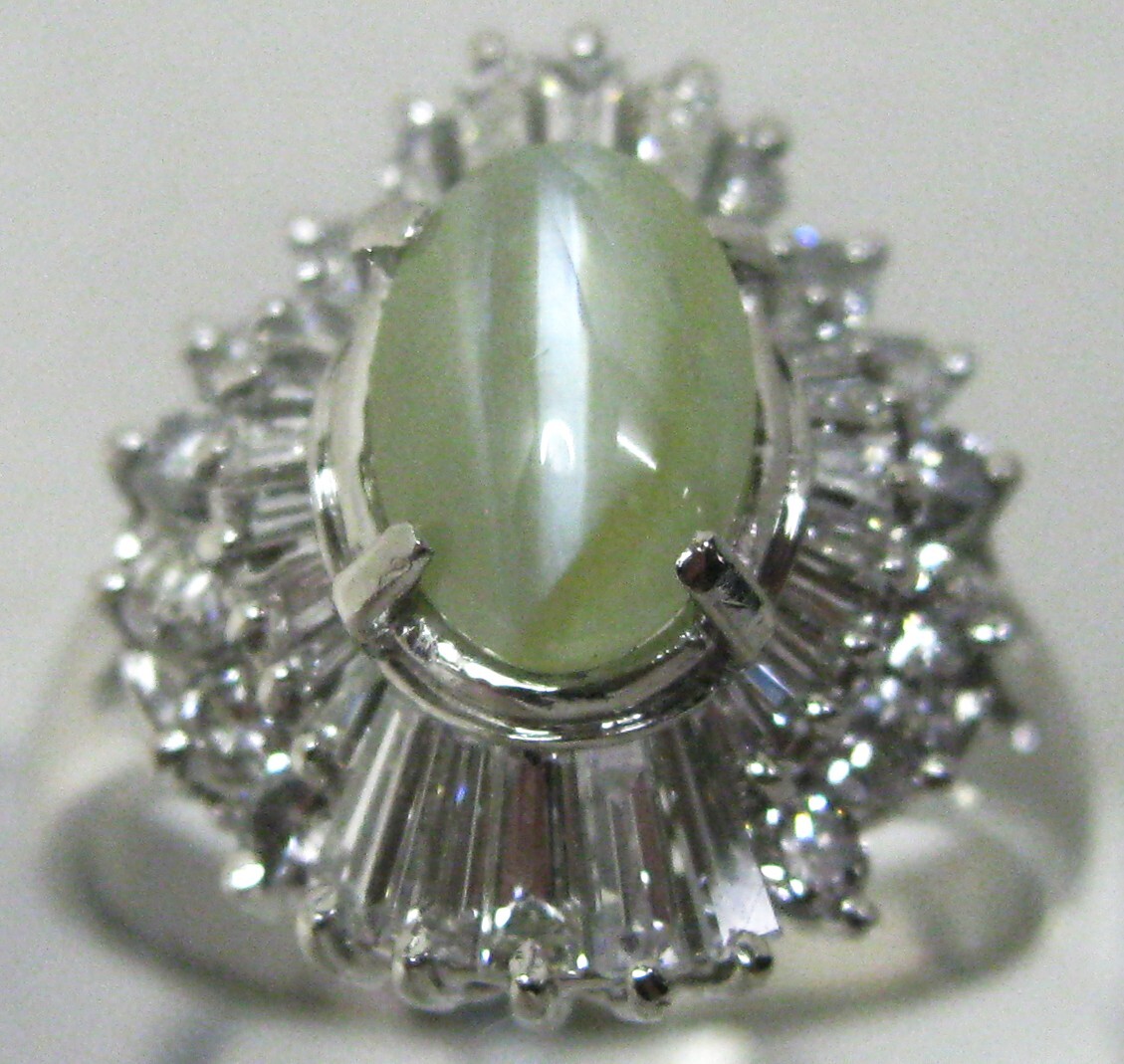 【東京 谷中 質屋おぢさん】 極美品Pt900プラチナリング キャッツアイ3.56ctダイヤ2.08ct#18