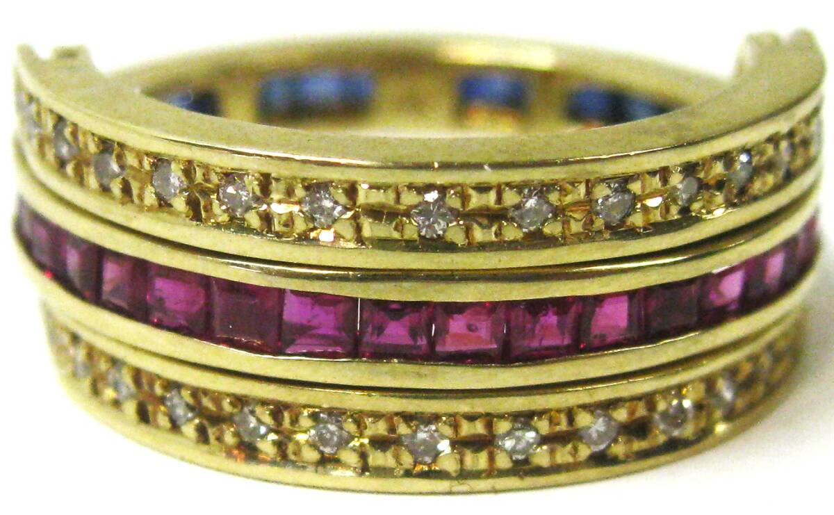 【東京 谷中 質屋おぢさん】美品K18 18金リングルビー19ヶサファイヤ17ヶリバーシブルダイヤ入 #15