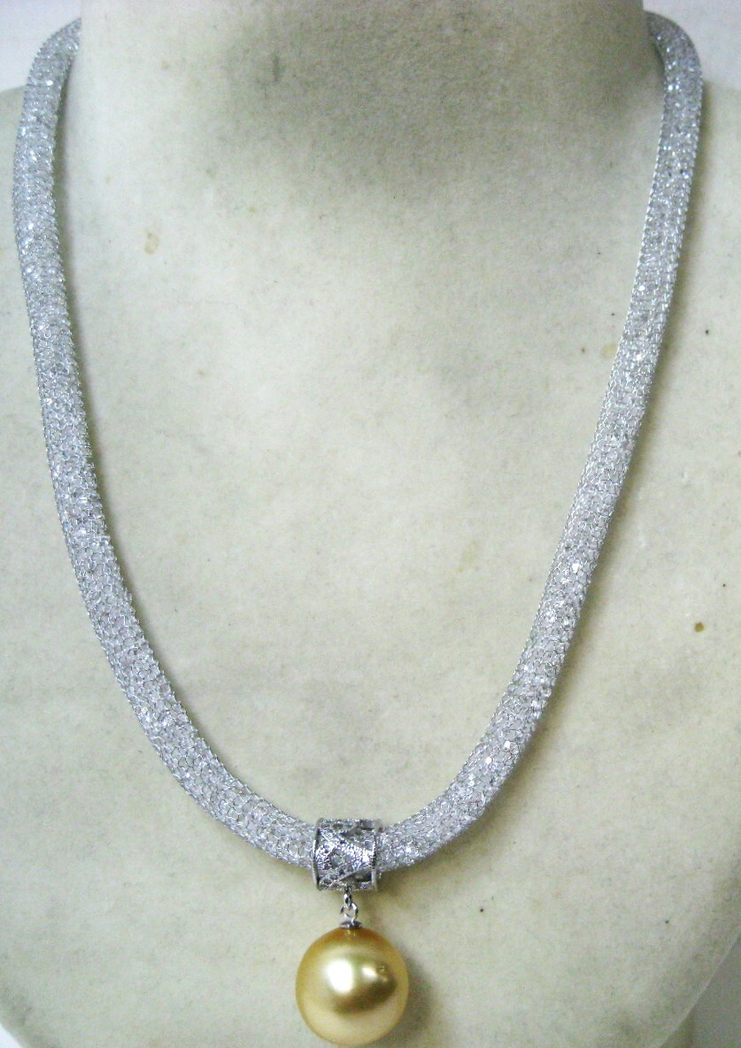 【東京 谷中 質屋おぢさん】ほぼ未使用 シルバー ネックレス 南洋真珠 ゴールデンパール付14.5～15mm