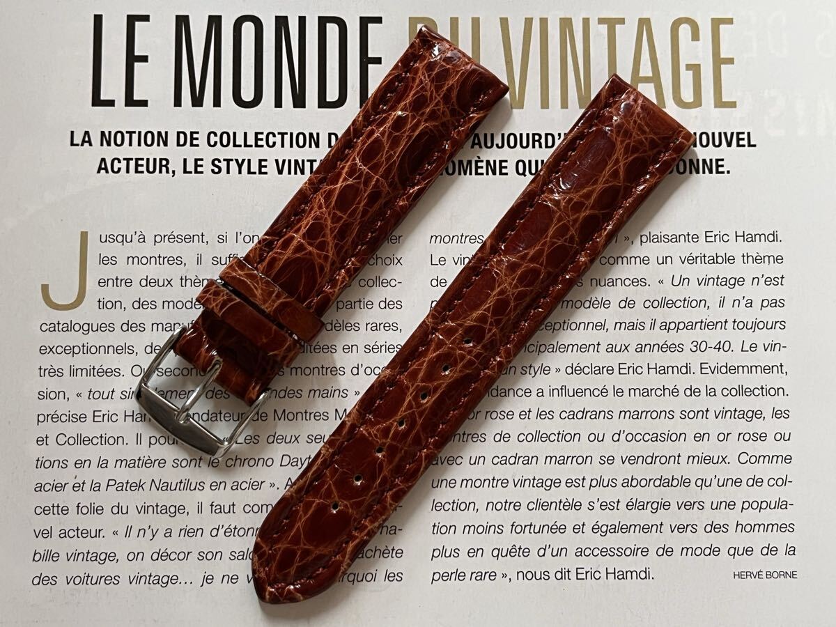 クロコダイル　ユーロストックfromフランス　20mm ブラウン赤茶　リアルクロコ　メーカー在庫未使用デッドストック品　ヴィンテージＤ20-5