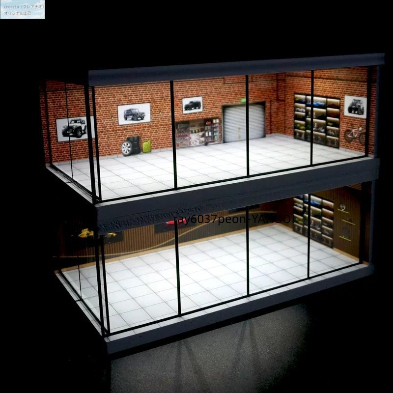 【1/64スケール対応】LEDライト内蔵 駐車場ガレージジオラマ 組み立て式展示ケース ■USB電源対応 防塵アクリルドア付き