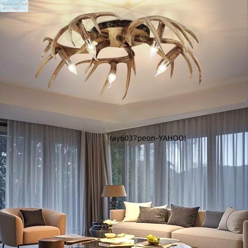 クリスタル調ガラス シャンデリア 6灯 鹿角デザイン E14対応 直径75cm 樹脂フレーム 10～20㎡向け 天井照明