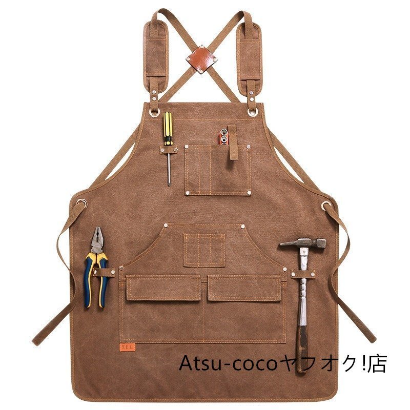 新品メンズ デニム エプロン 作業服 キャンプエプロン アウトドアエプロン キッチン レストラン ガーデニング カーキ色