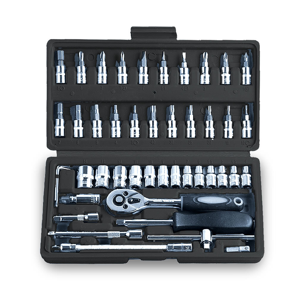 ソケットレンチセット 汎用 46点セット ビット 差込角 6.3 1/4インチ 車レンチ ラチェット 工具 ドライバー el-sokeset