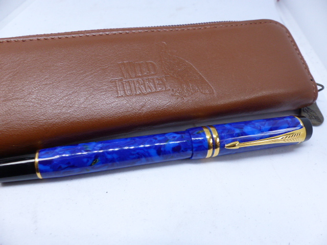 希少 パーカー DUOFOLD 高級万年筆 18K/750 ブルー 本革WILD TURKEYケース付