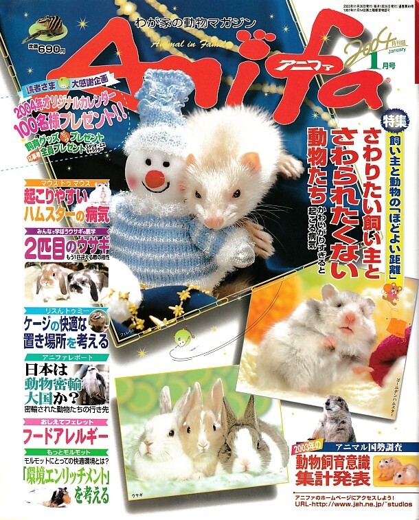 【アニファ】2004年01月号/触りたい飼い主と触られたくない動物、可愛がりすぎると起こる病気/Anifa/小動物/うさぎ/ハムスター/フェレット