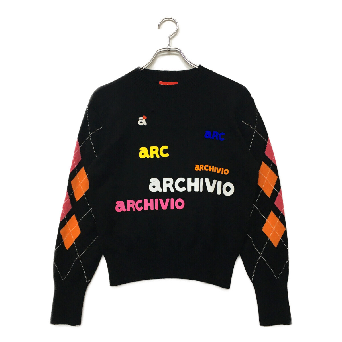 coco 中古【SALE】アルチビオ archivio レディース セーター 38(M) 黒 アーガイル ロゴクルーネック レターパックプラス発送可 K3017