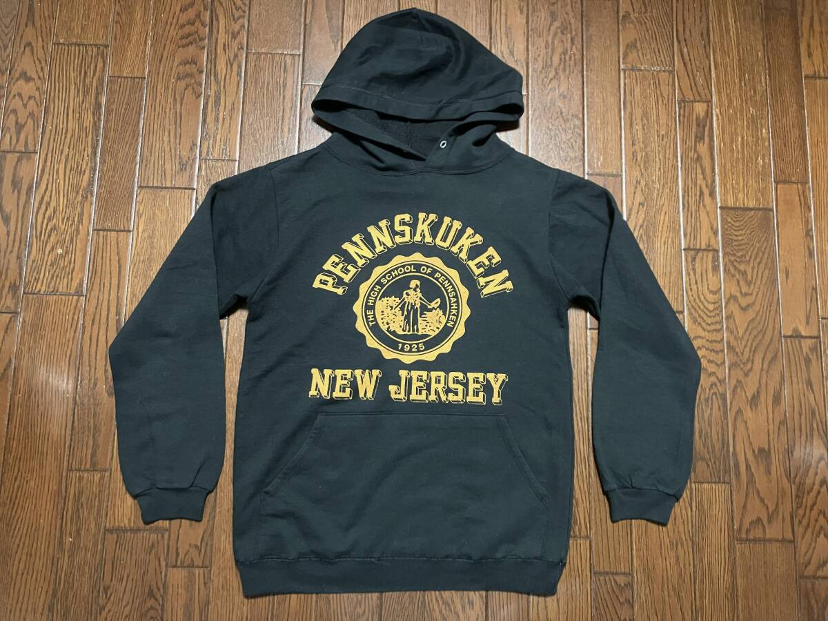 ジャージーズ JERZEES PENNSAHKEN ペンソーケン 3段プリント ユーズド スウェット パーカー S 黒 ブラック ニュージャージー NEW JERSEY