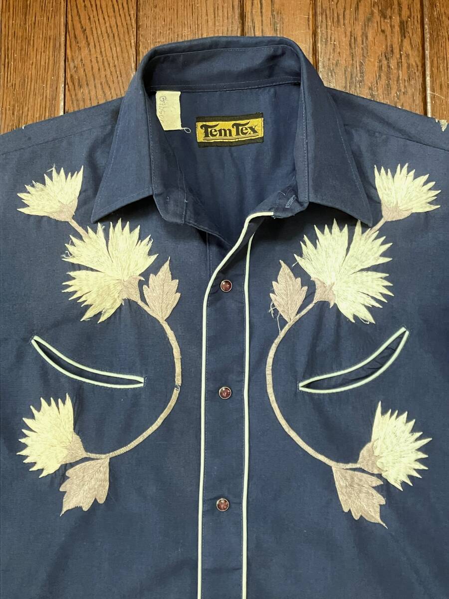 ビンテージ テムテックス TemTex 刺繍 ウエスタンシャツ ネイビー スマイルポケット カウボーイ WESTERN