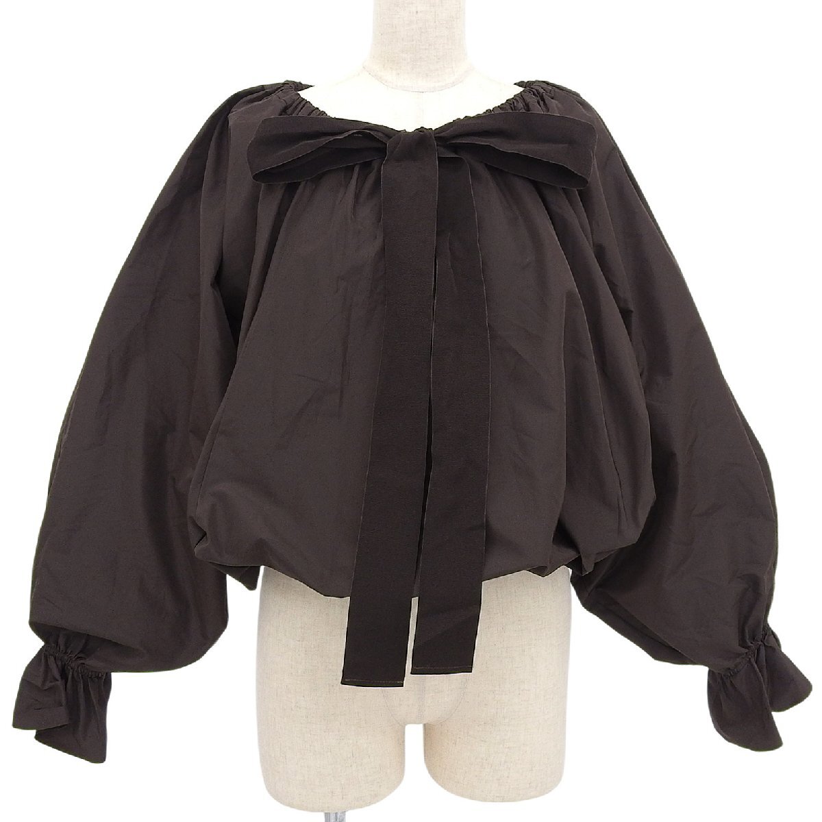 極美品▲PATOU パトゥ 21AA4-T0026-11 パフ・キャンディースリーブ グログランリボン 長袖 ブラウス ブラウン 34 正規品 レディース