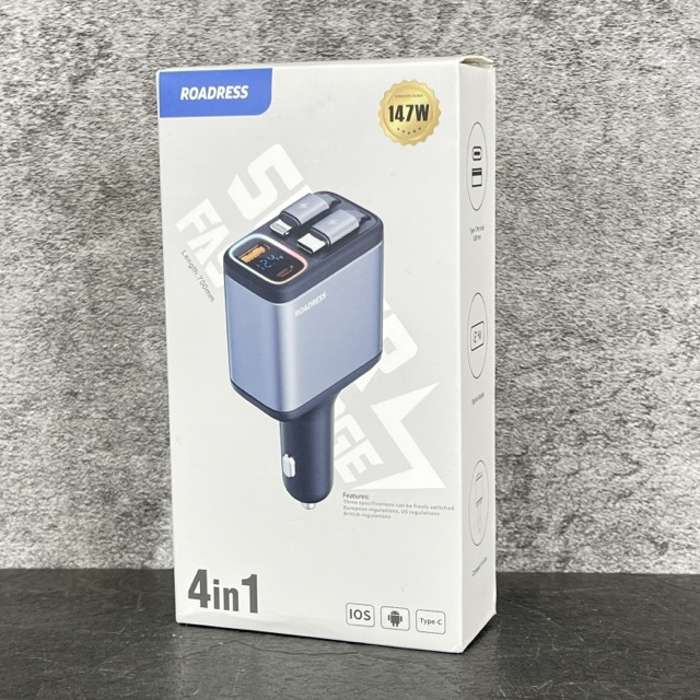 送料無料 新品 ROADRESS 車載用 シガーソケット 4in1 充電器 USB 巻き取り式ケーブル2本付き/900362在★63