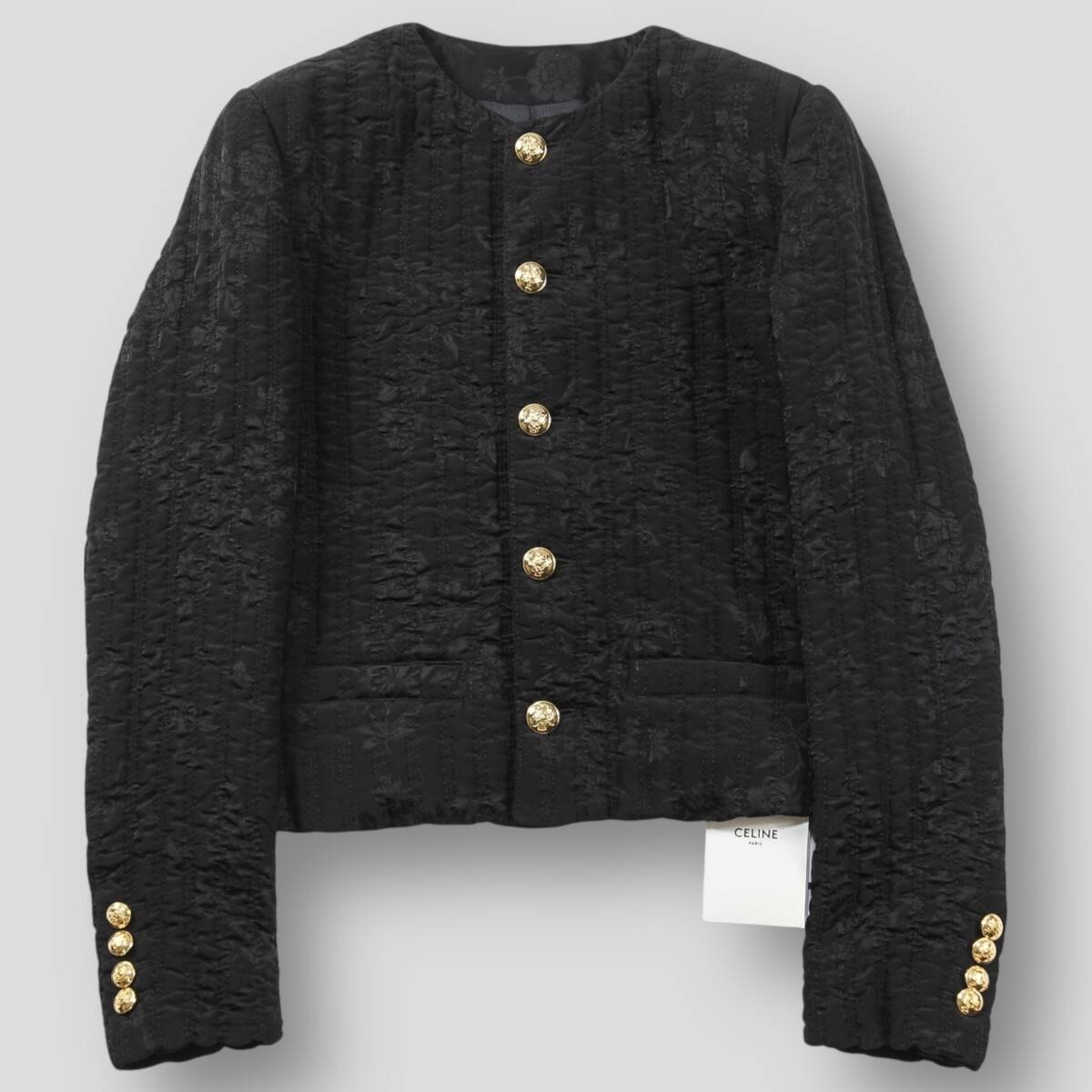 新品 CELINE 21AW キルティング ポータージャケット ジャカード フローラル シルク 2V734337F.38NO 34 ノーカラー 金ボタン レディース