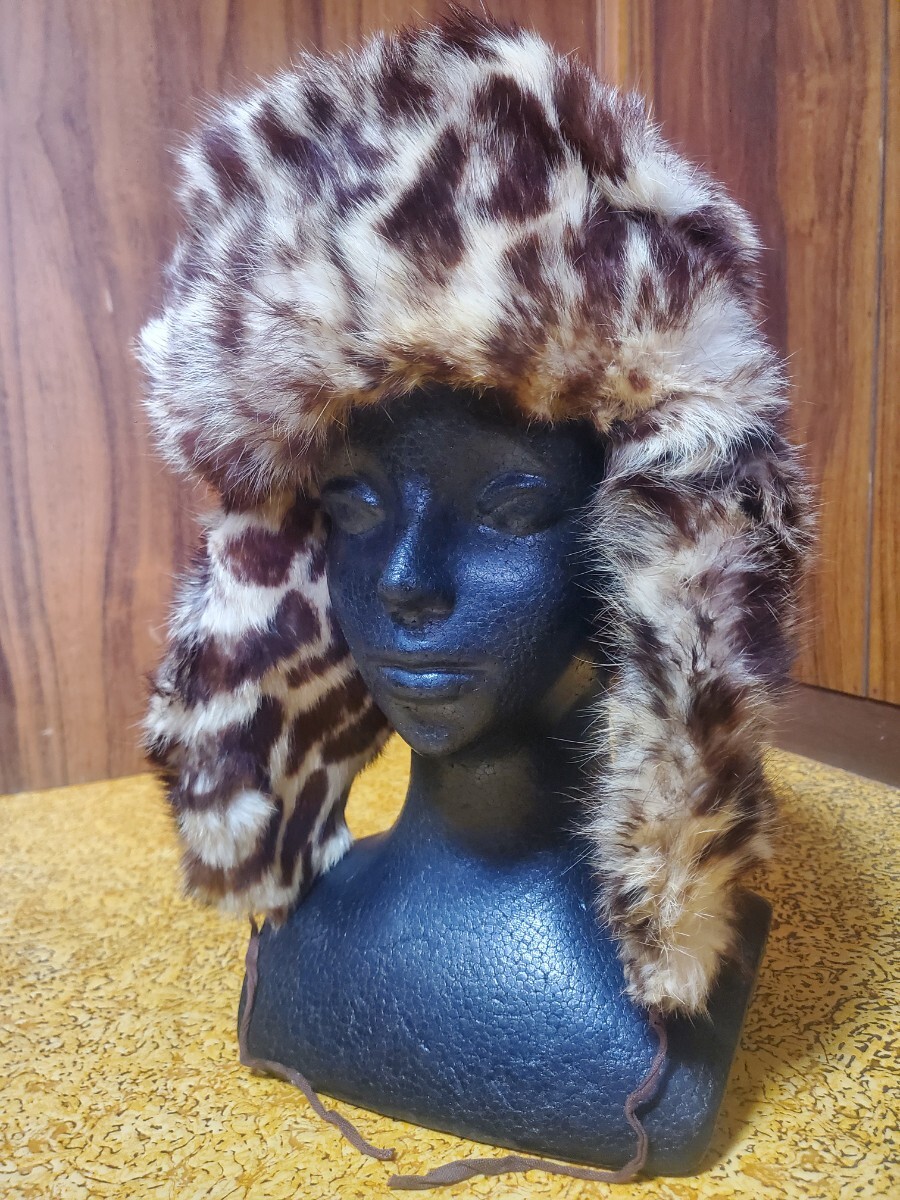 豹柄 毛皮 エスキモー キャップ ヒョウ 防寒 帽子 耳あて ファー ロシア帽 フライト ロシアン レトロ ヴィンテージ アンティーク 送料無料