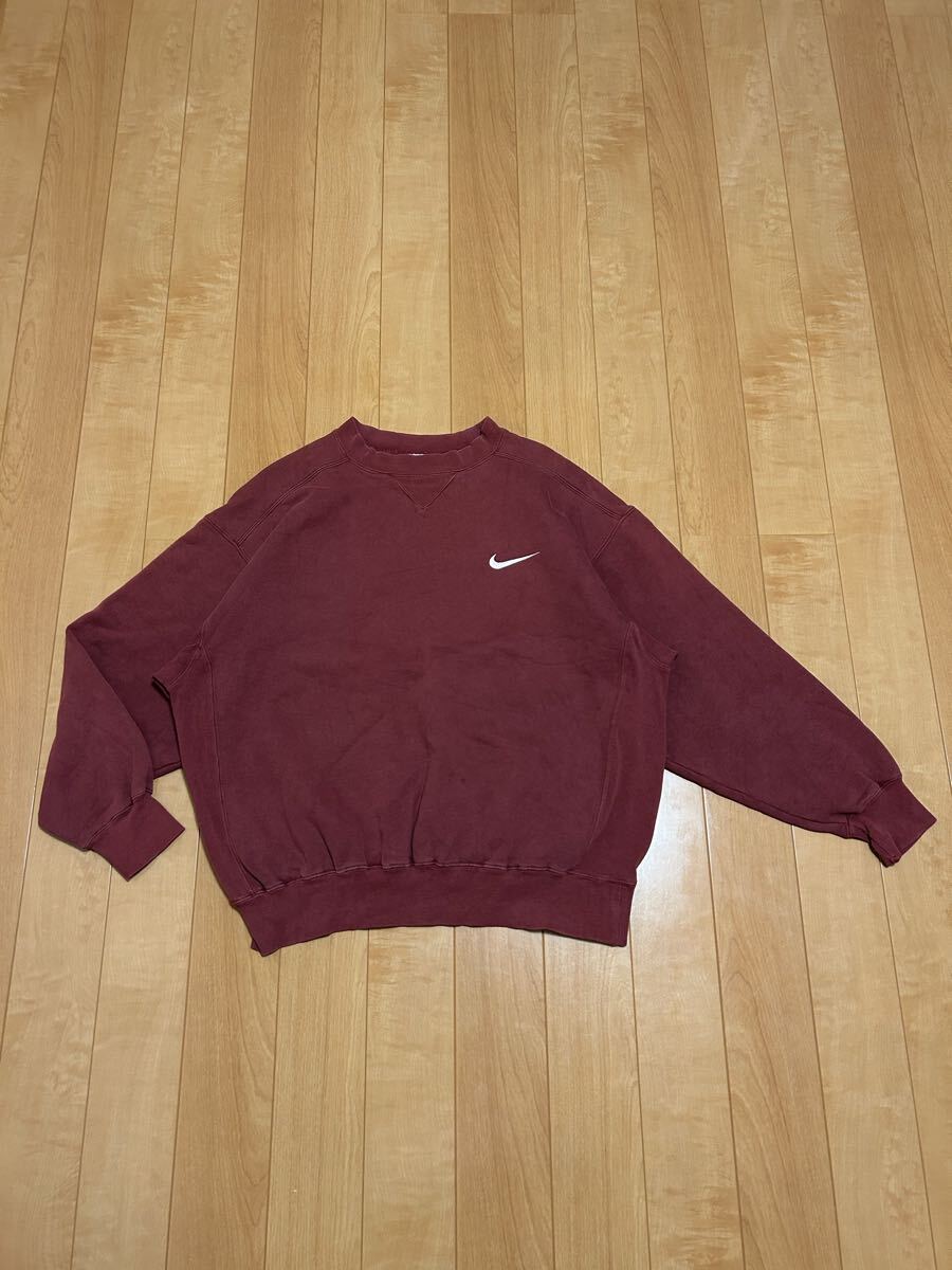 良品☆90s〜OLD Nike／ナイキ オーバーサイズL大き目　シルバー銀タグ.裏起毛ヘヴィスウェットシャツ 前V&脇下はめ込みガゼット ビンテージ